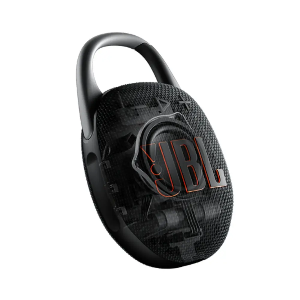 Black speaker back view with carrying loop and JBL logo under clear surface