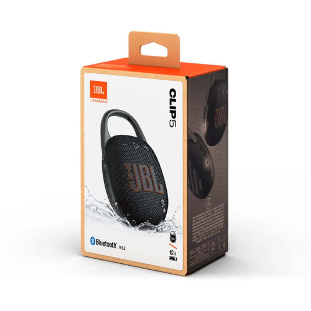 JBL Clip 5 Bluetooth speaker retail box with product image and key specs