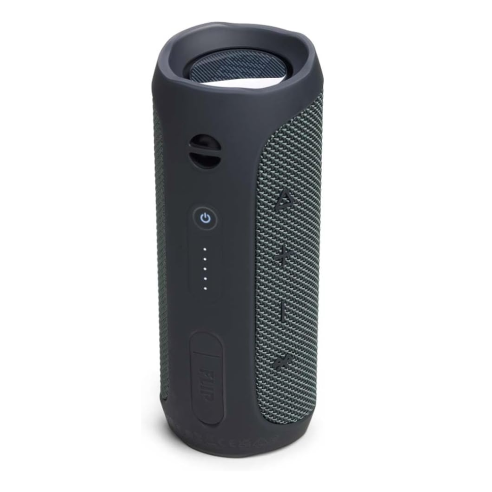 Portable JBL Flip Essential 2 Bluetooth speaker, rear controls on dark fabric body.