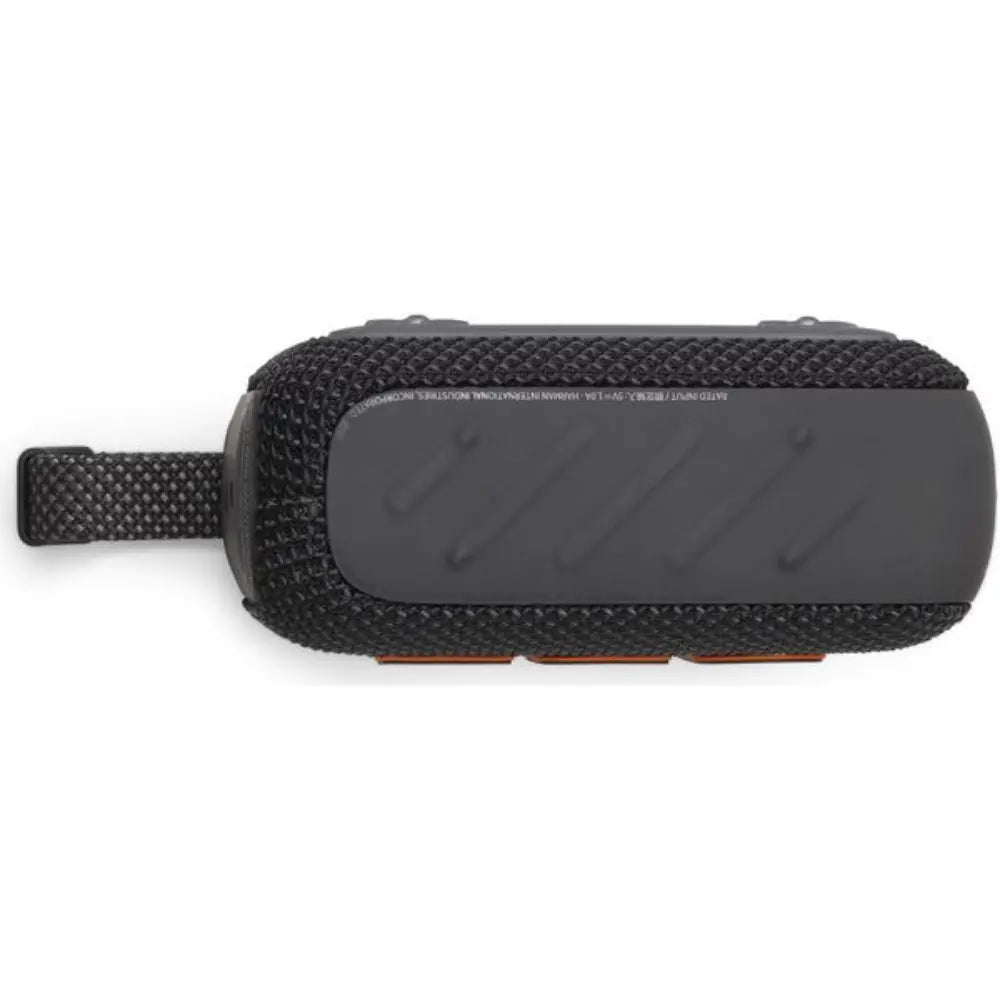 Portable waterproof speaker, side view with control panel and black textured housing