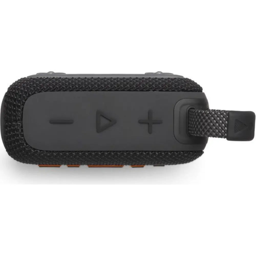 Portable waterproof Bluetooth speaker, front controls with plus/minus on black body