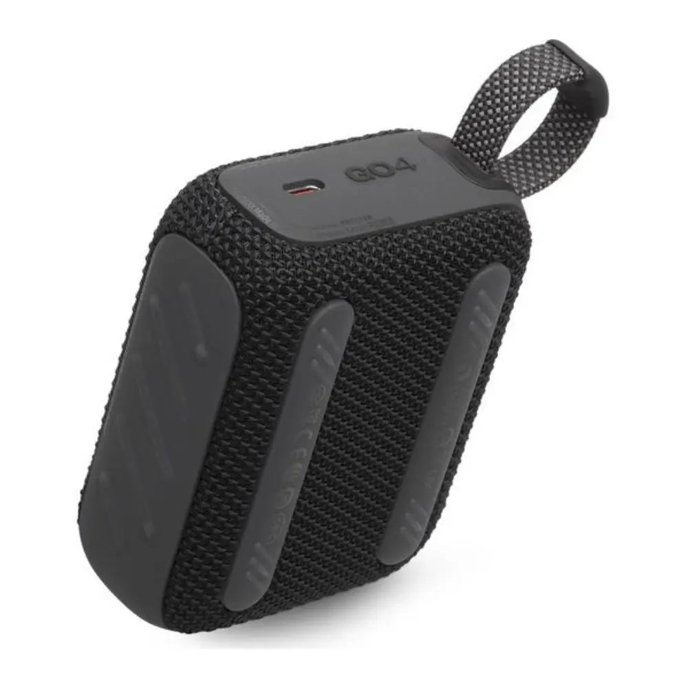 Portable waterproof speaker with top controls and black fabric mesh, attached handle