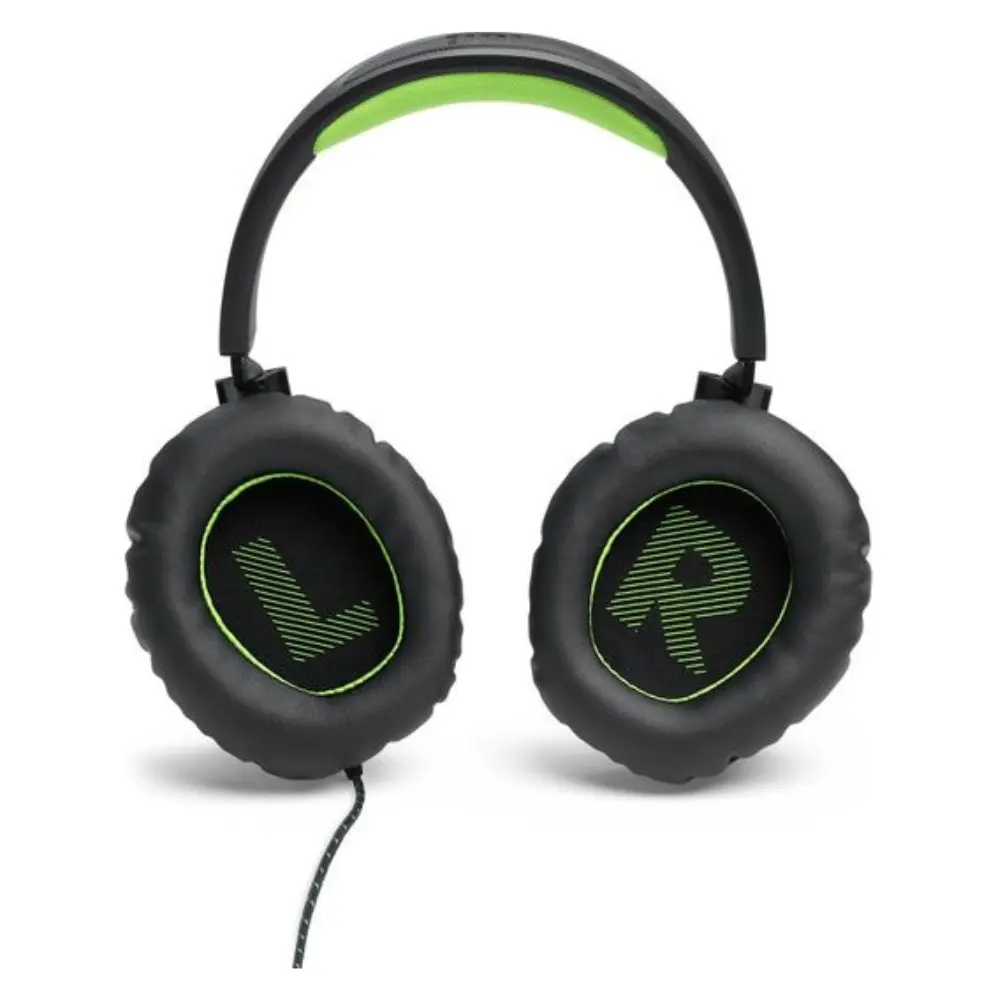 Black over-ear gaming headset with green accent ear cups and headband