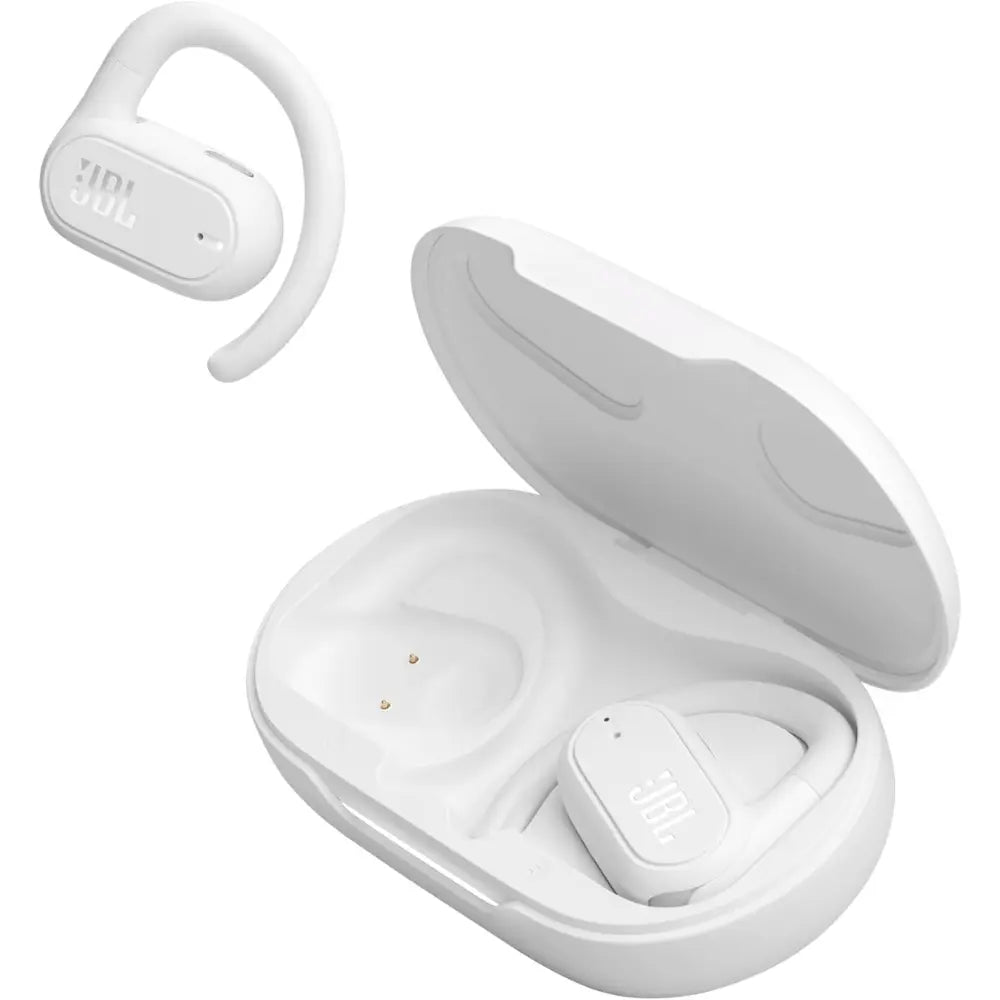 JBL white wireless open-ear earbuds with charging case