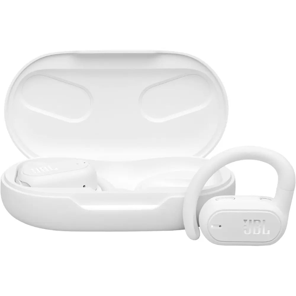 JBL white wireless open-ear earbuds with charging case open