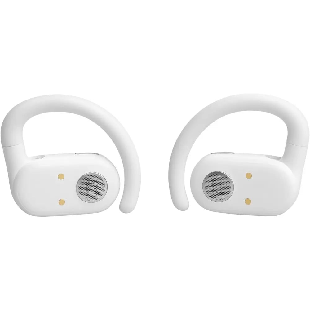 JBL white wireless open-ear earbuds with speaker grille, front view
