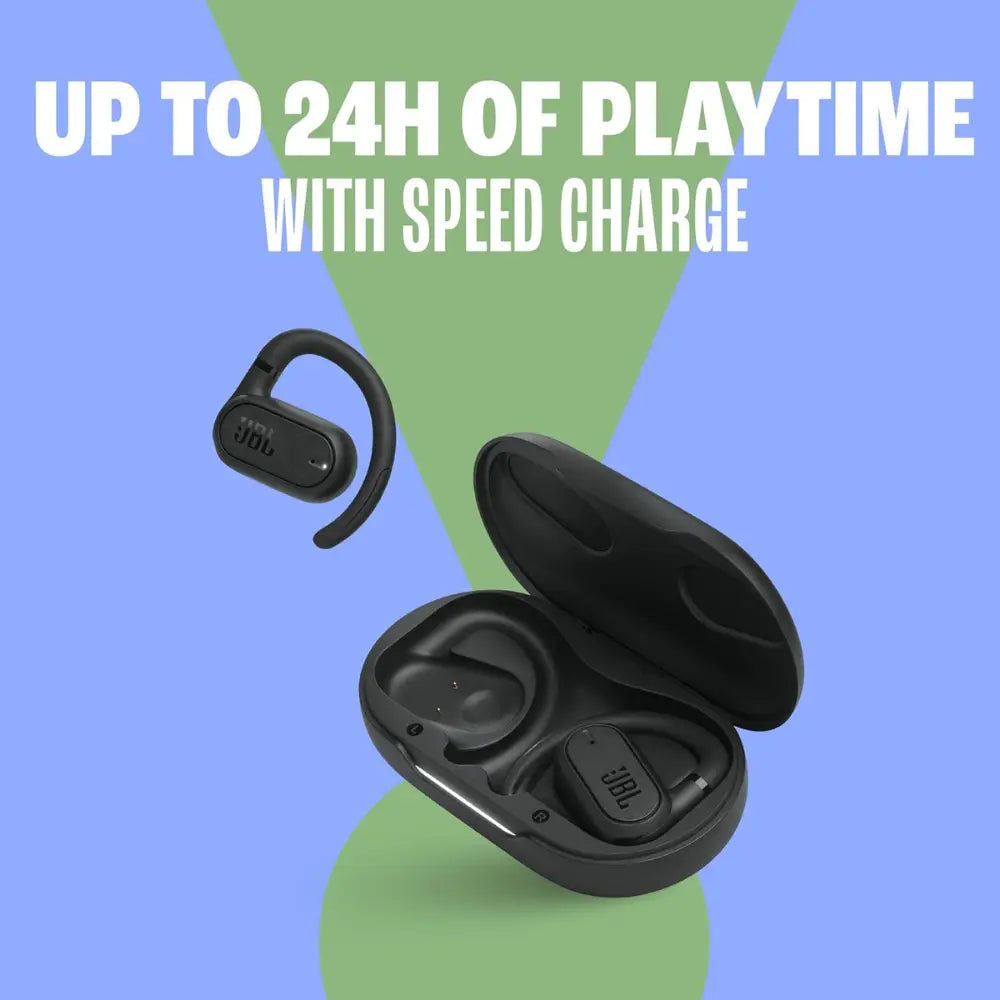 Black wireless open-ear earbuds with charging case, earbuds shown separated