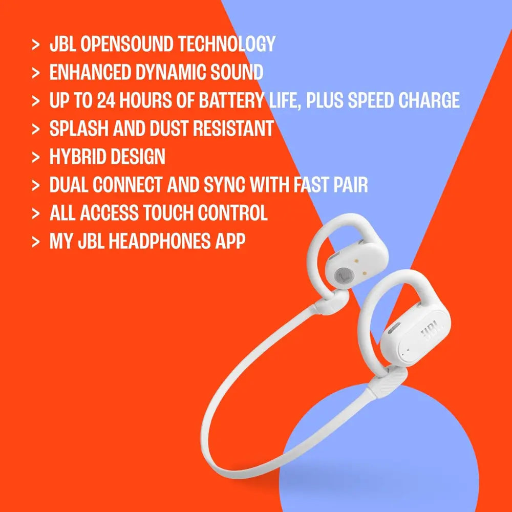 White wireless open-ear earbuds with touch control icons