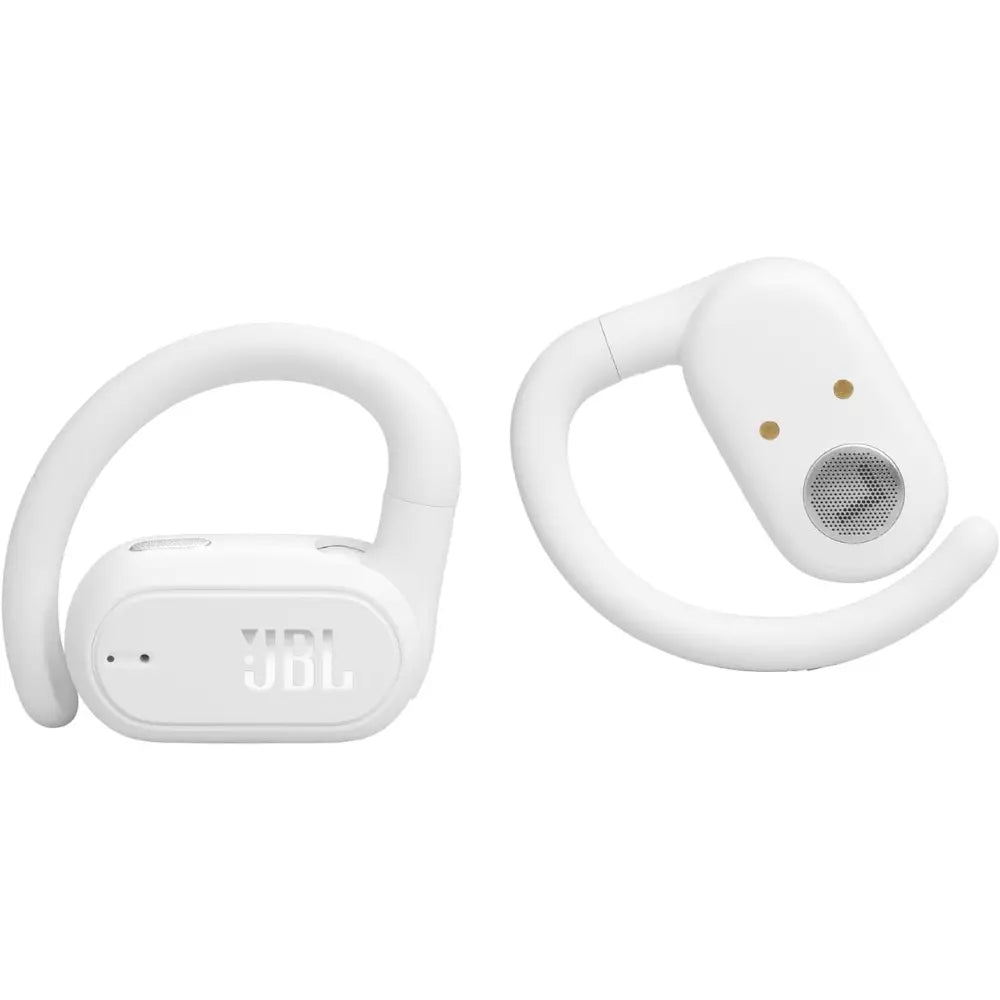 JBL white wireless open-ear earbuds with speaker grilles and case
