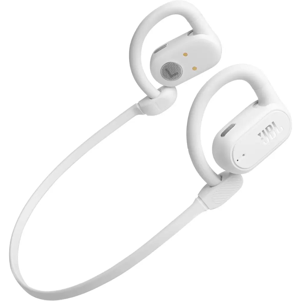 JBL white wireless open-ear earbuds with inline control on the stem
