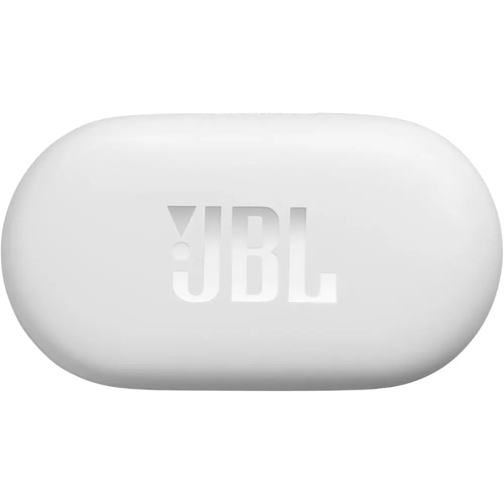 White wireless headphone charging case with JBL logo on top