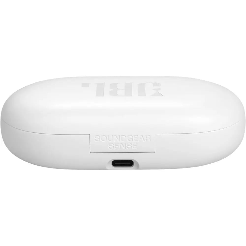 White wireless headphone charging case with USB-C port and Soundgear Sense text