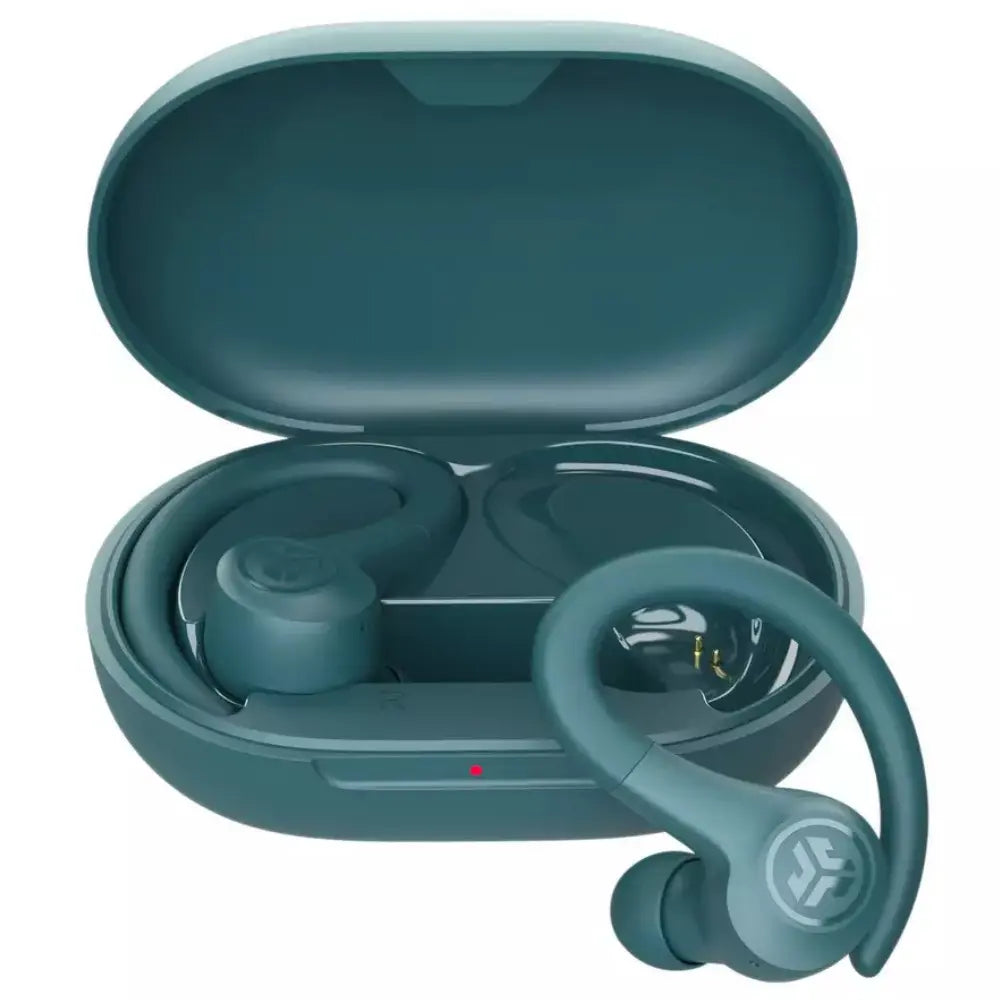 Teal true wireless earbuds with open charging case and sport ear hooks