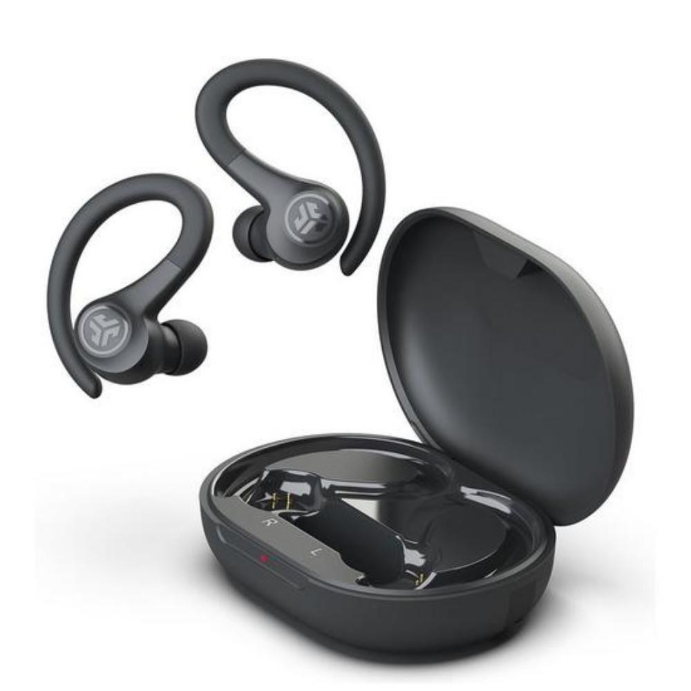 Black true wireless earbuds with open charging case and sport ear hooks