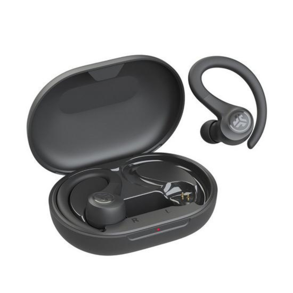 Black true wireless earbuds with charging case and sport ear hooks