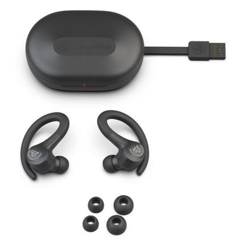 Black true wireless earphones with charging case, tips, and sport ear hooks
