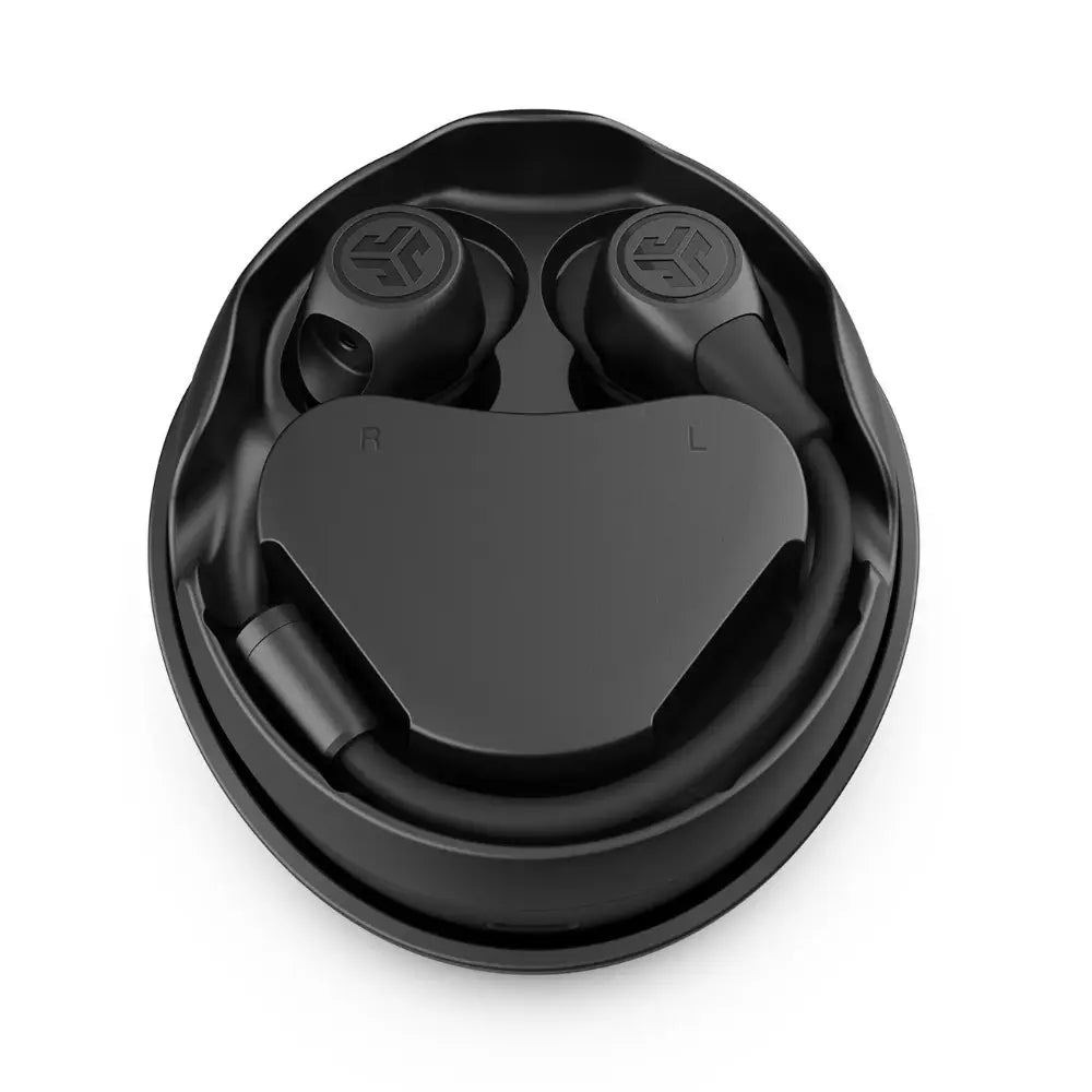 Black charging case holding JLab Work Buds earbuds, R and L marked