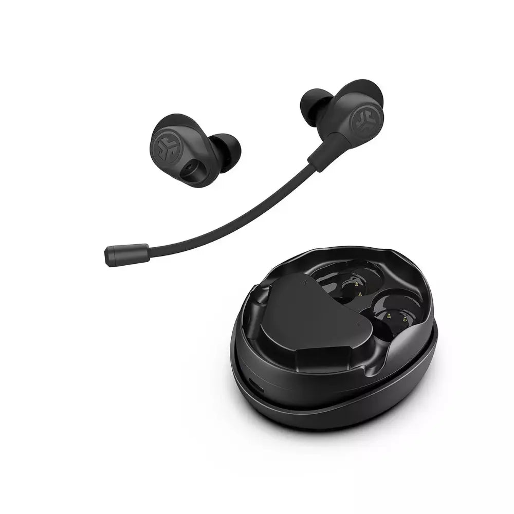 Black true wireless earbuds with charging case, open lid and ear tips visible
