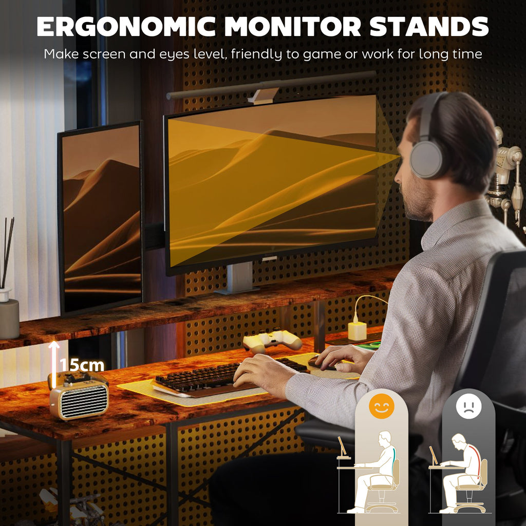 Gaming desk with raised monitor stand shelf and under-desk accessories area