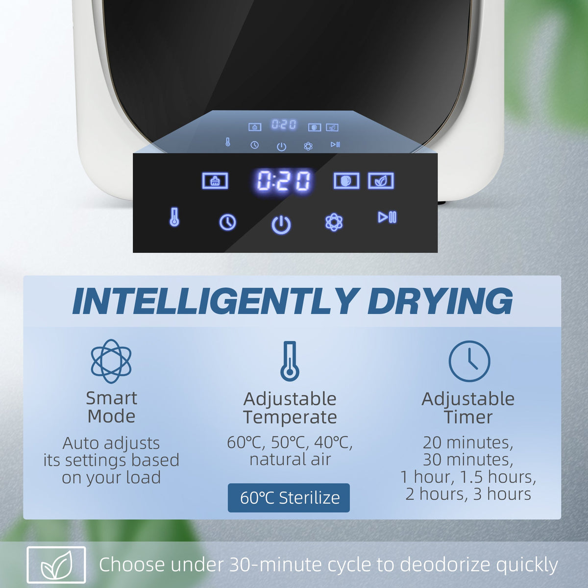 White front-load tumble dryer front with black door window and illuminated control icons