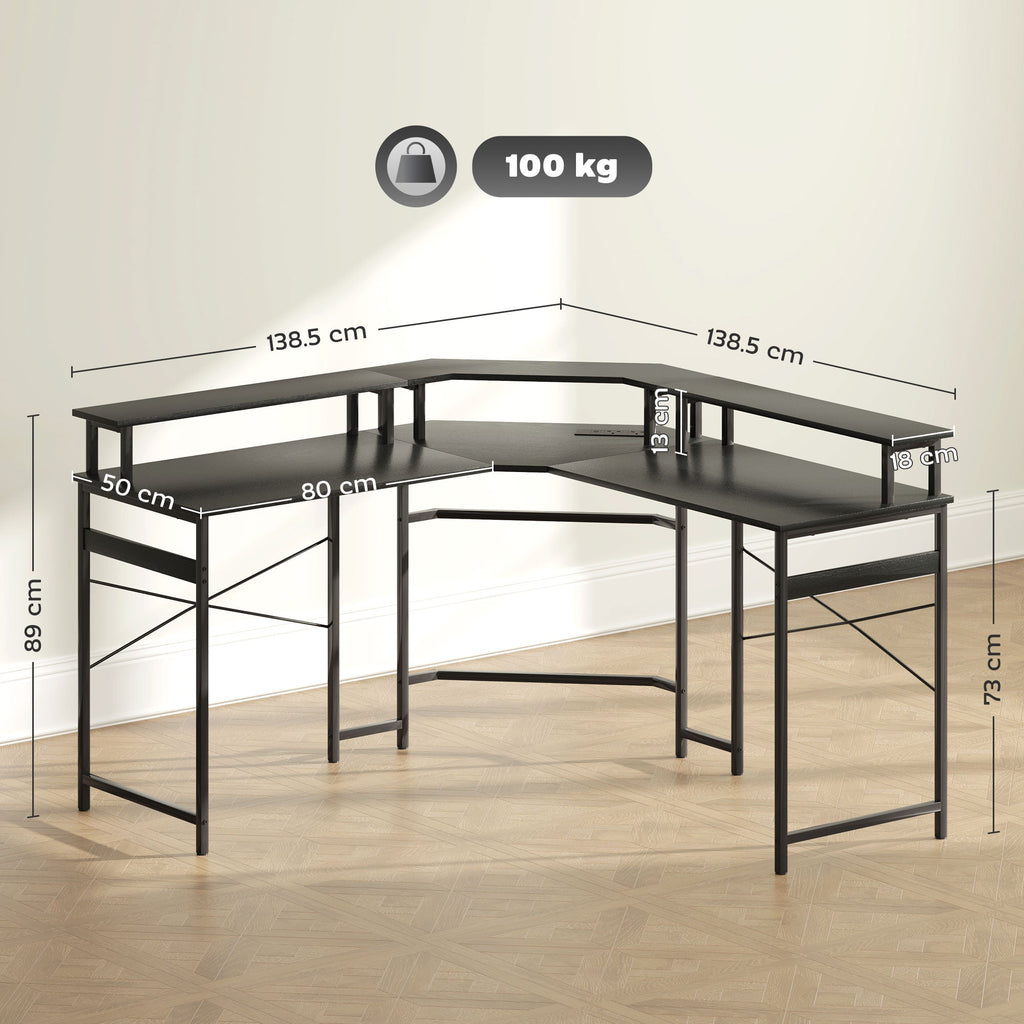 Black L-shaped desk with steel frame and height dimensions shown, LED under-channel