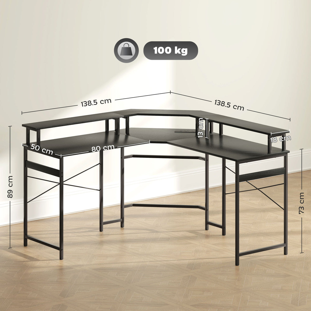 Black L-shaped desk with steel frame and height dimensions shown, LED under-channel