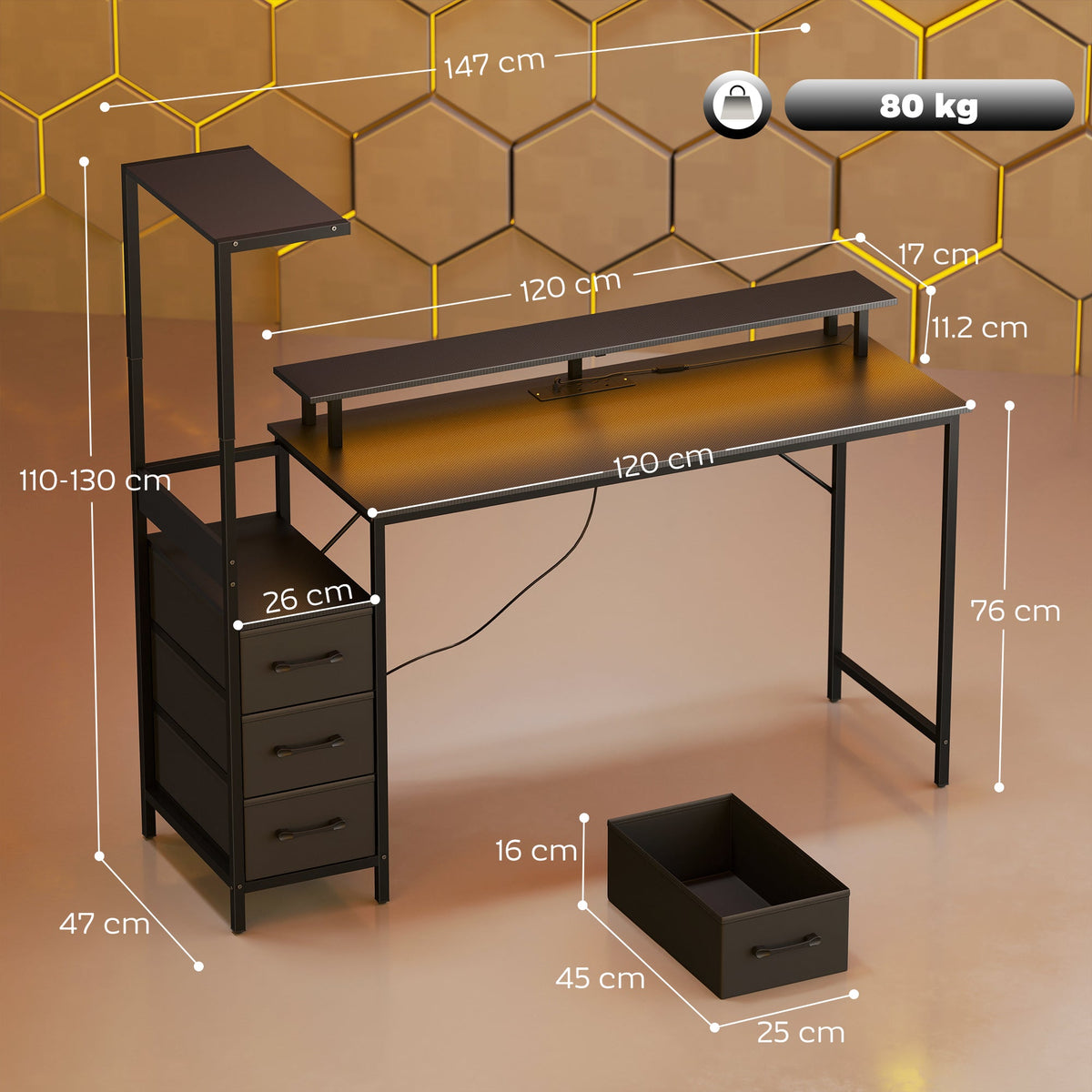 Black gaming desk layout with measured dimensions and side cabinet with drawers