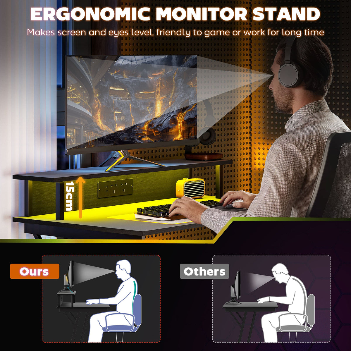 Black gaming desk with ergonomic monitor stand for elevated screen position