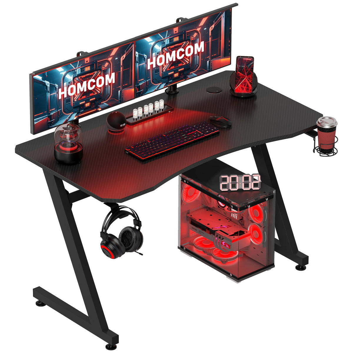 Black gaming desk with cup holder, headphone hook, cable organizer, and adjustable feet