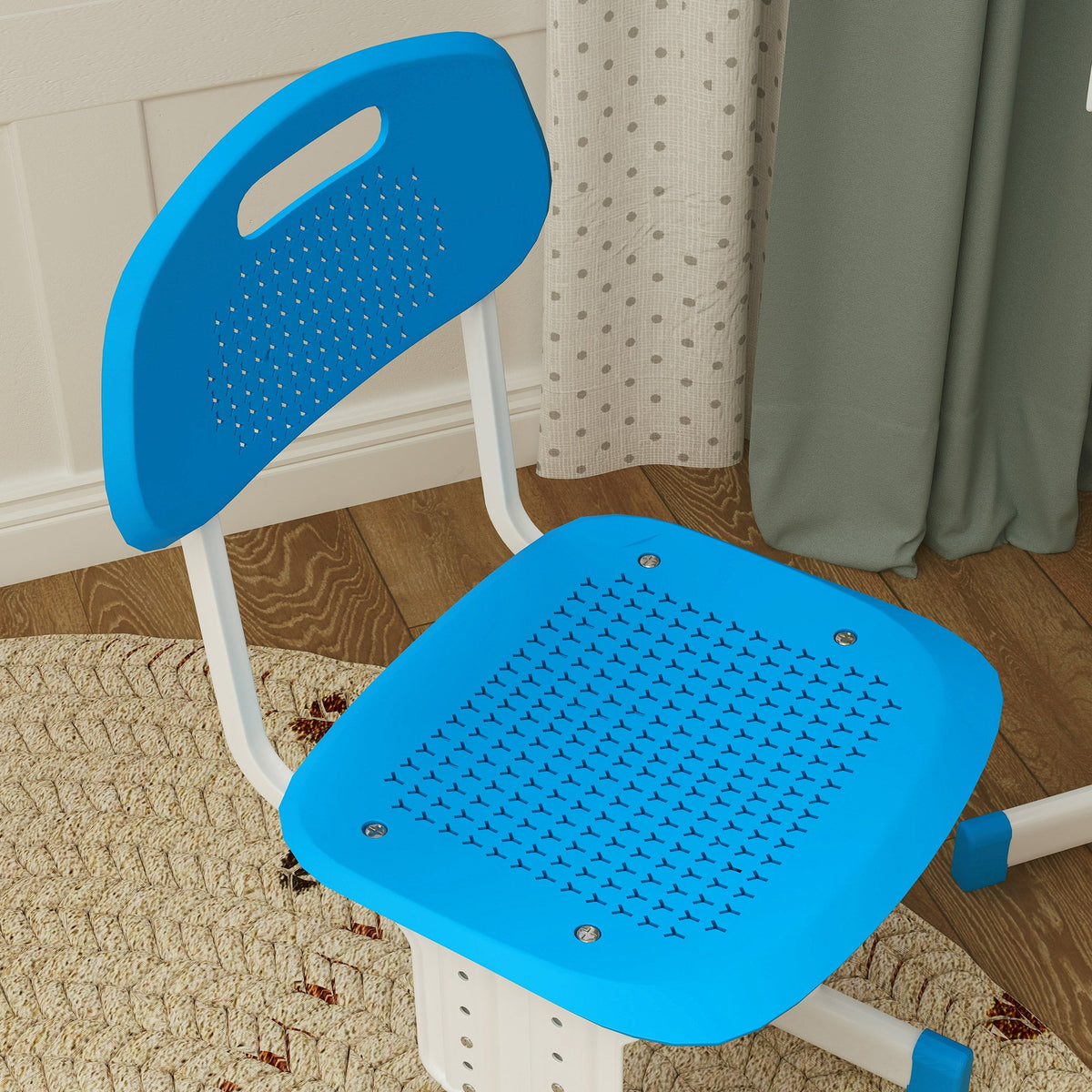 Blue perforated chair back and seat on adjustable white legs for kids desk set