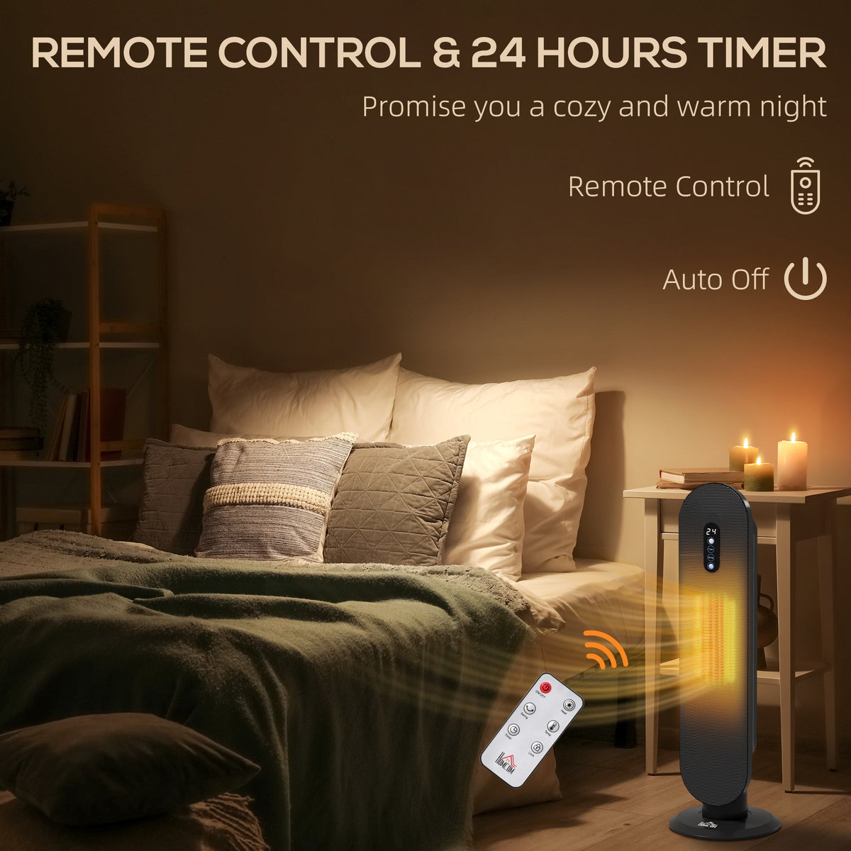 Black oscillating ceramic space heater with LED panel and remote control