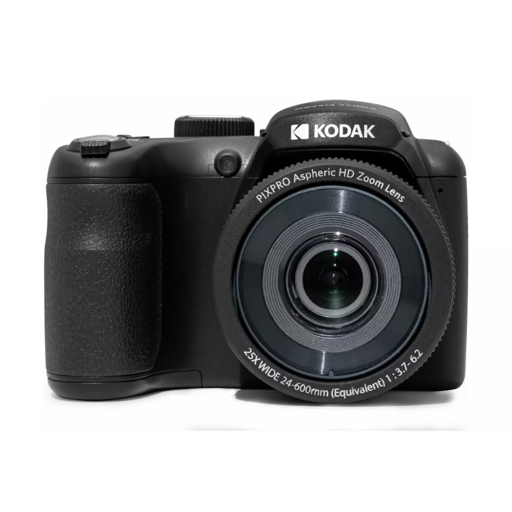 Black Kodak digital camera with fixed zoom lens, front view.
