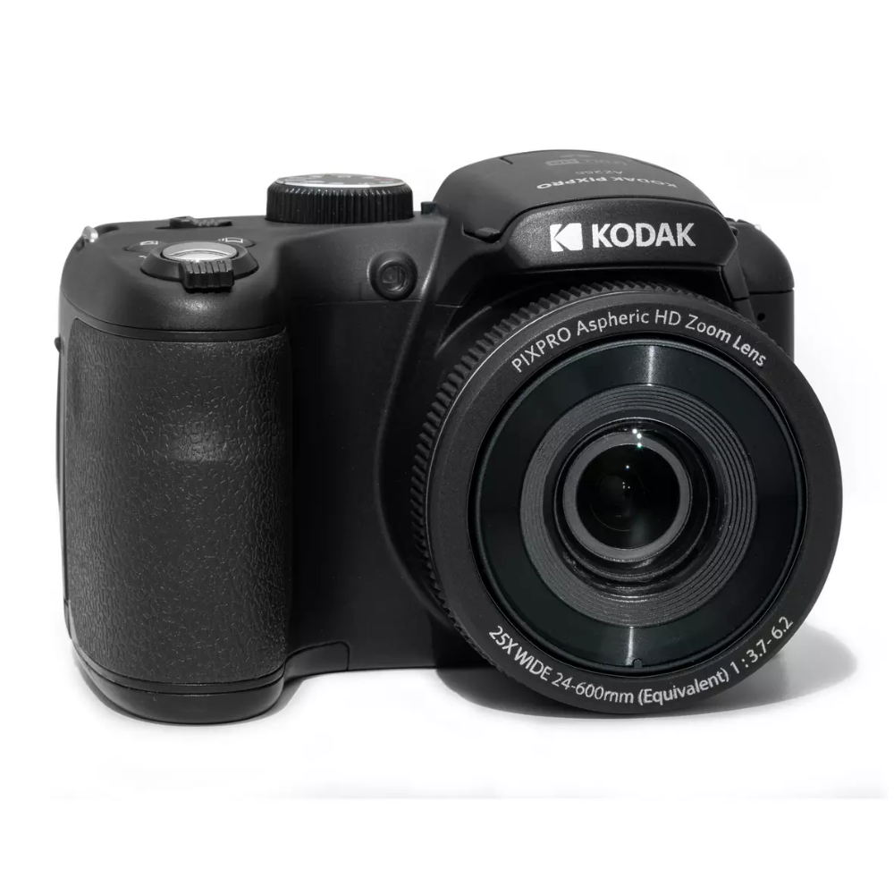 Black Kodak digital camera with zoom lens and textured grip, angled front view.