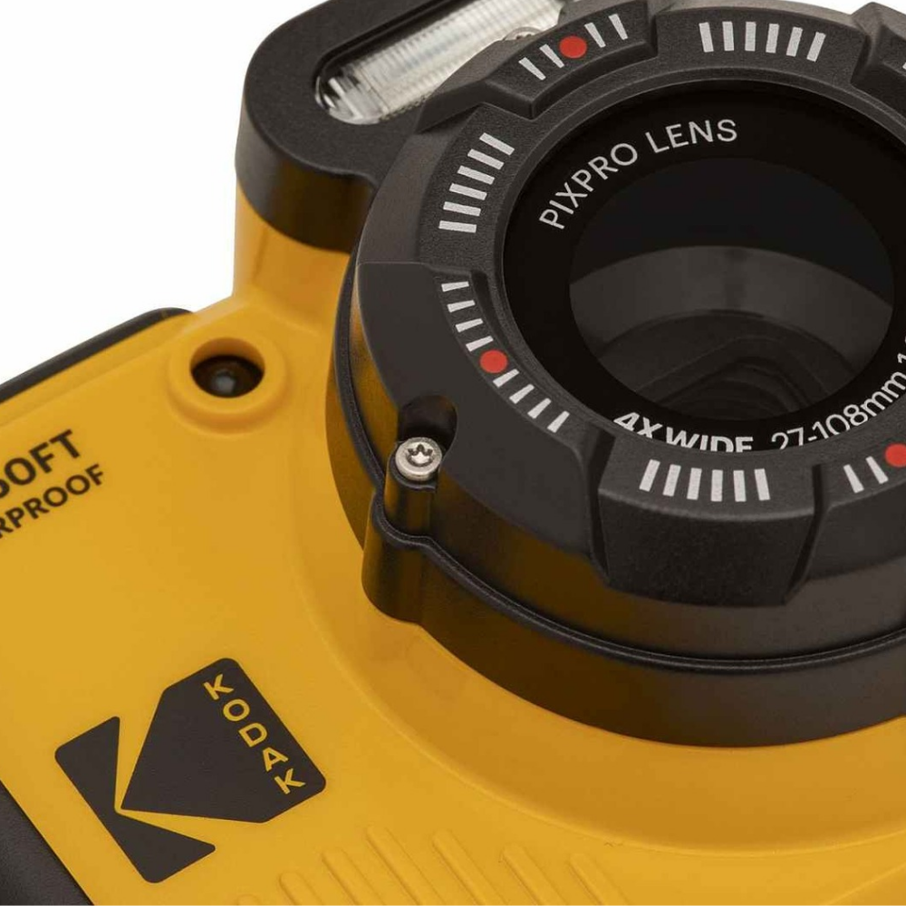 Close-up of PIXPRO lens and front markings on yellow waterproof digital camera