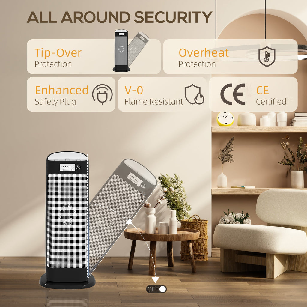 Black ceramic space heater with front grille, glowing element, and safety design