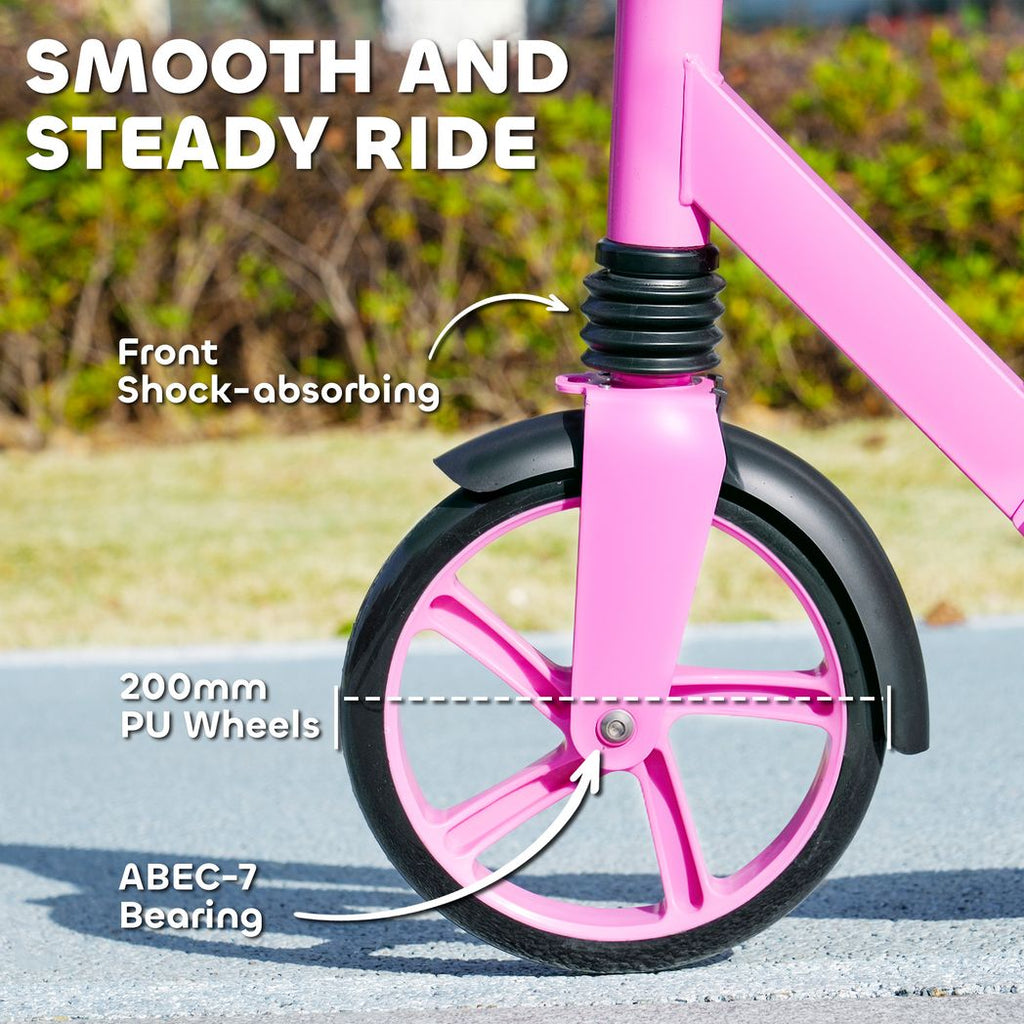 Pink scooter front wheel with PU tire, fork suspension, and front fender