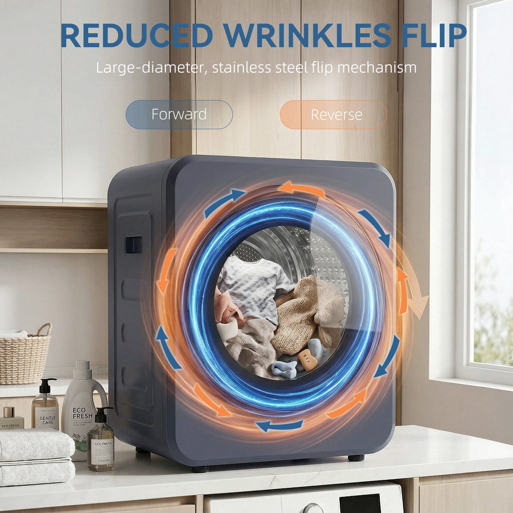 Grey front tumble dryer drum with glowing interior and rotating laundry