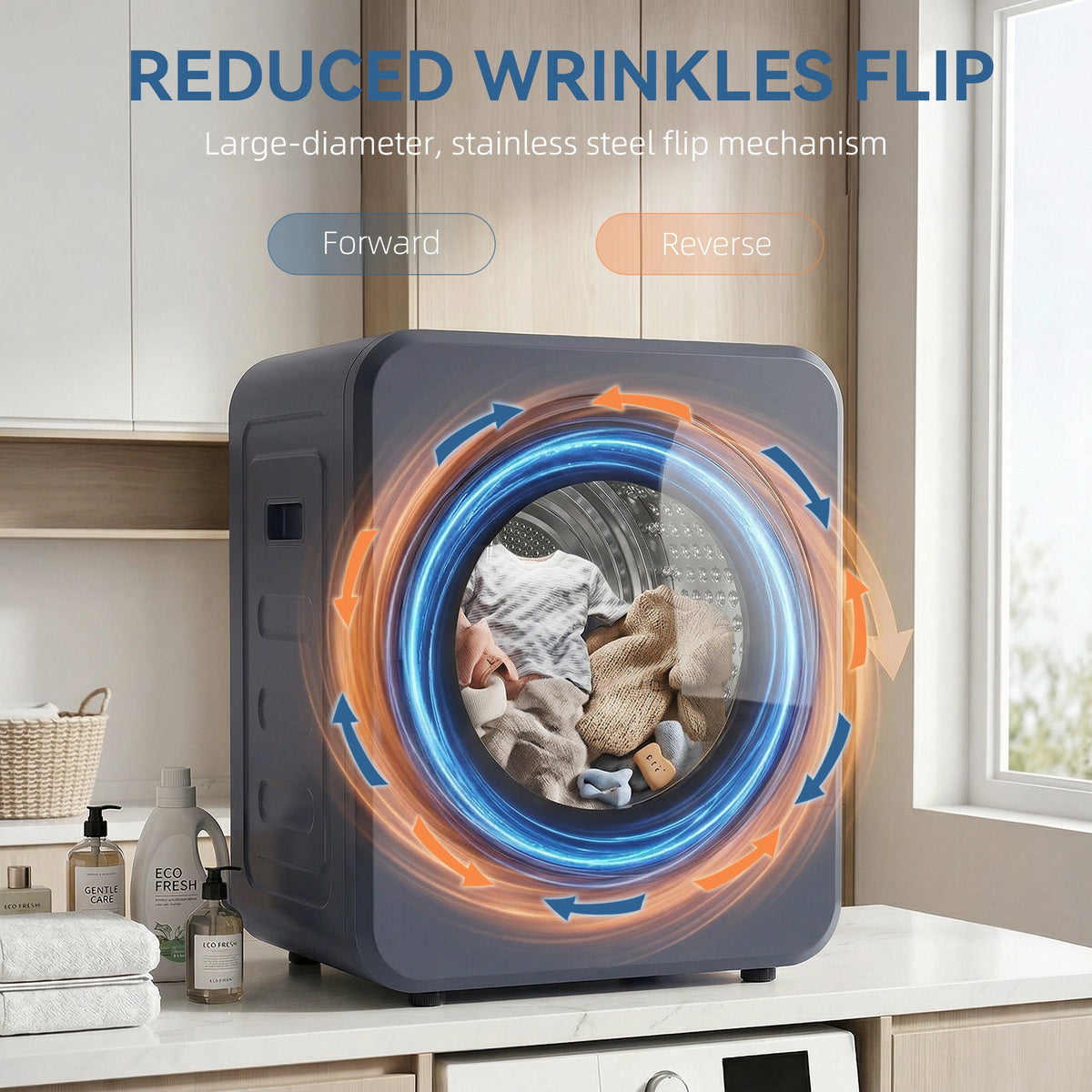 Grey front tumble dryer drum with glowing interior and rotating laundry