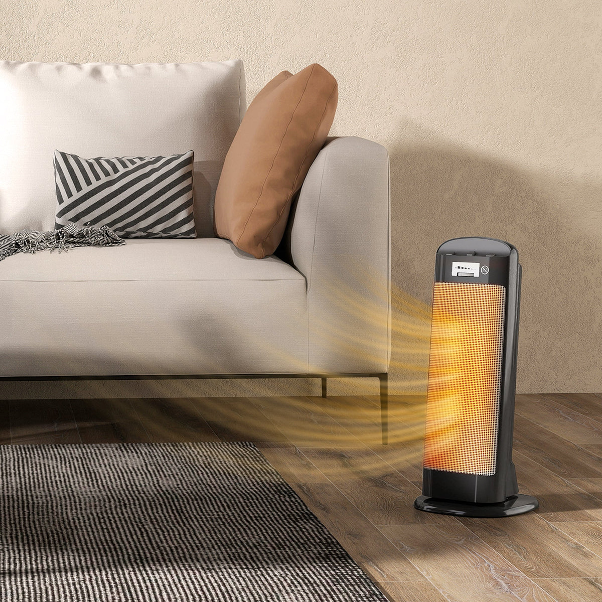 Black ceramic space heater standing on floor with glowing heating element