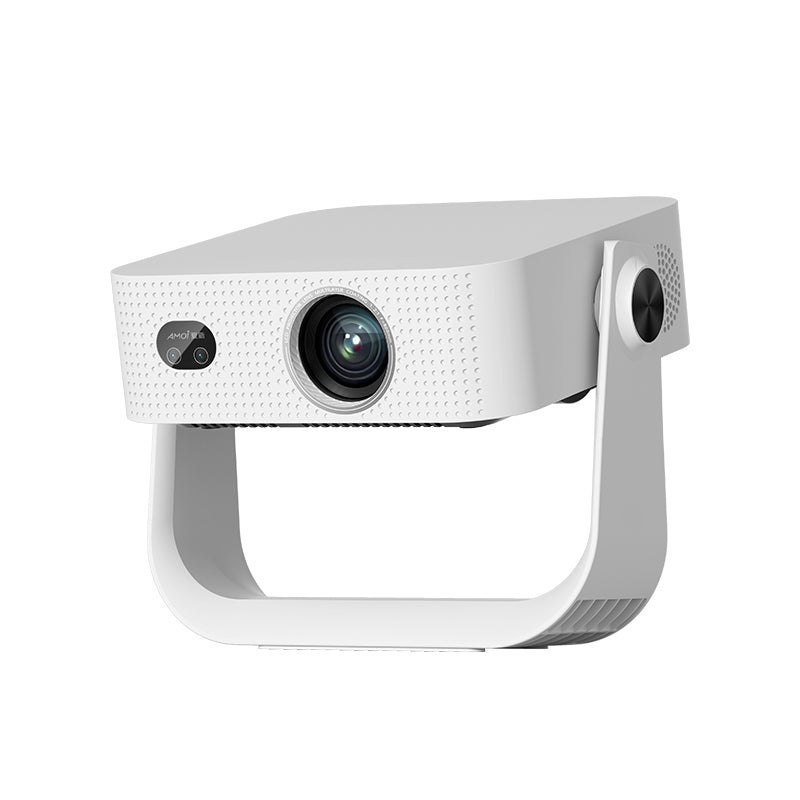 White LED smart projector showing front lens, perforated speaker grille, and side mount