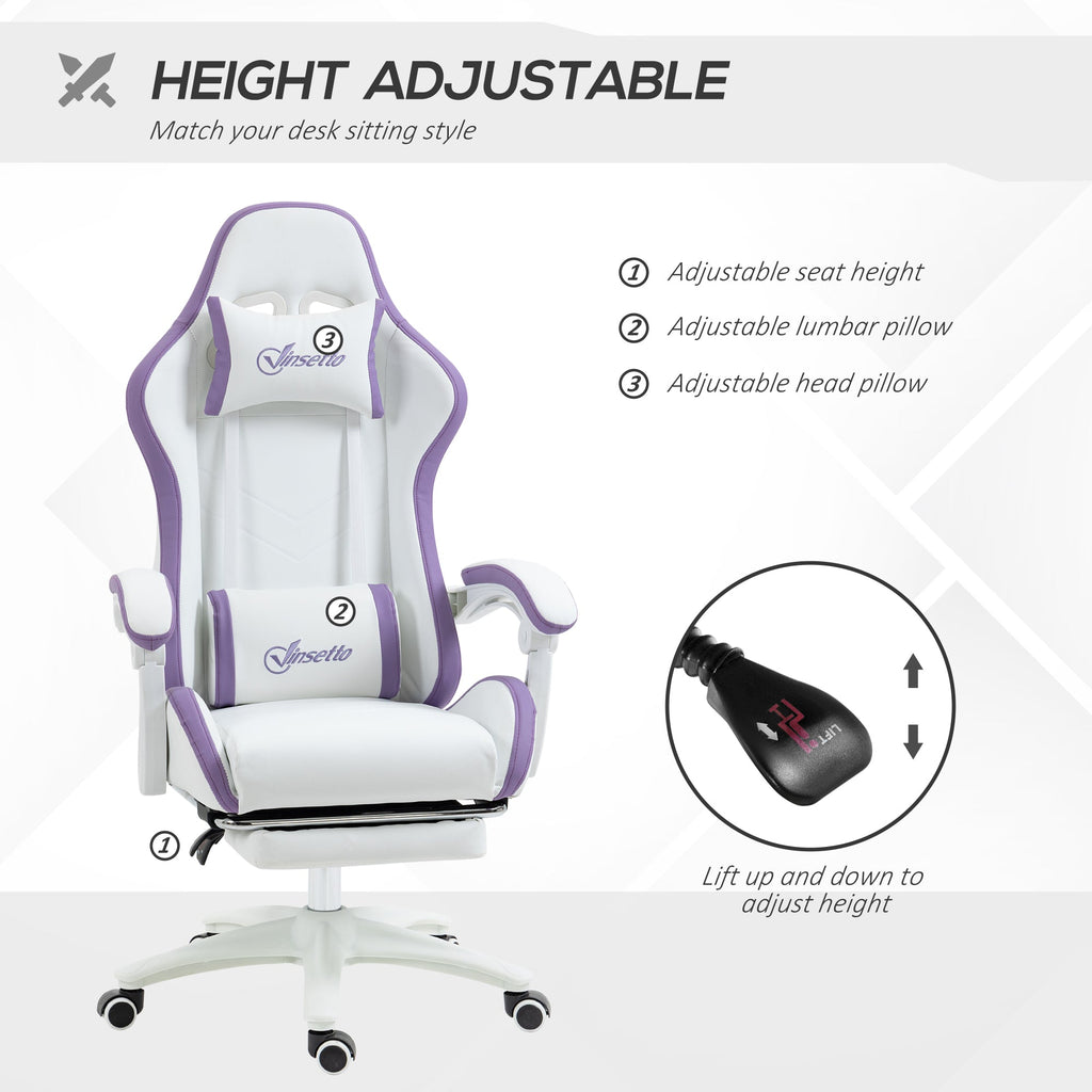 White and purple swivel task chair with adjustable height, headrest, and lumbar support