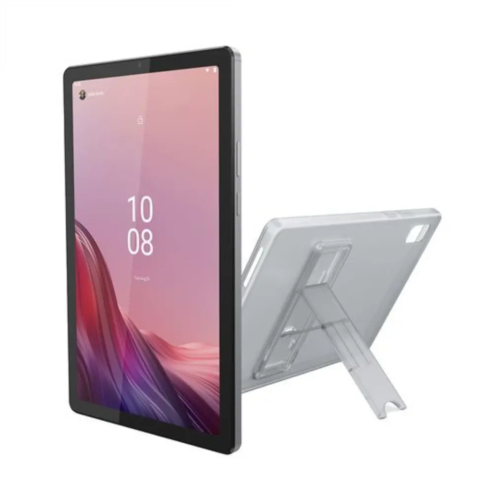 9-inch Lenovo tablet with arctic grey silicone stand case, front view with pink screen.