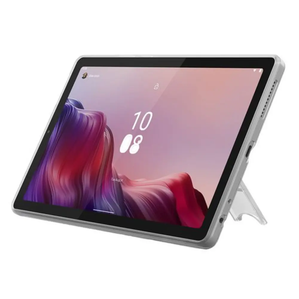 9-inch Lenovo tablet in arctic grey silicone case, angled front view with date screen.