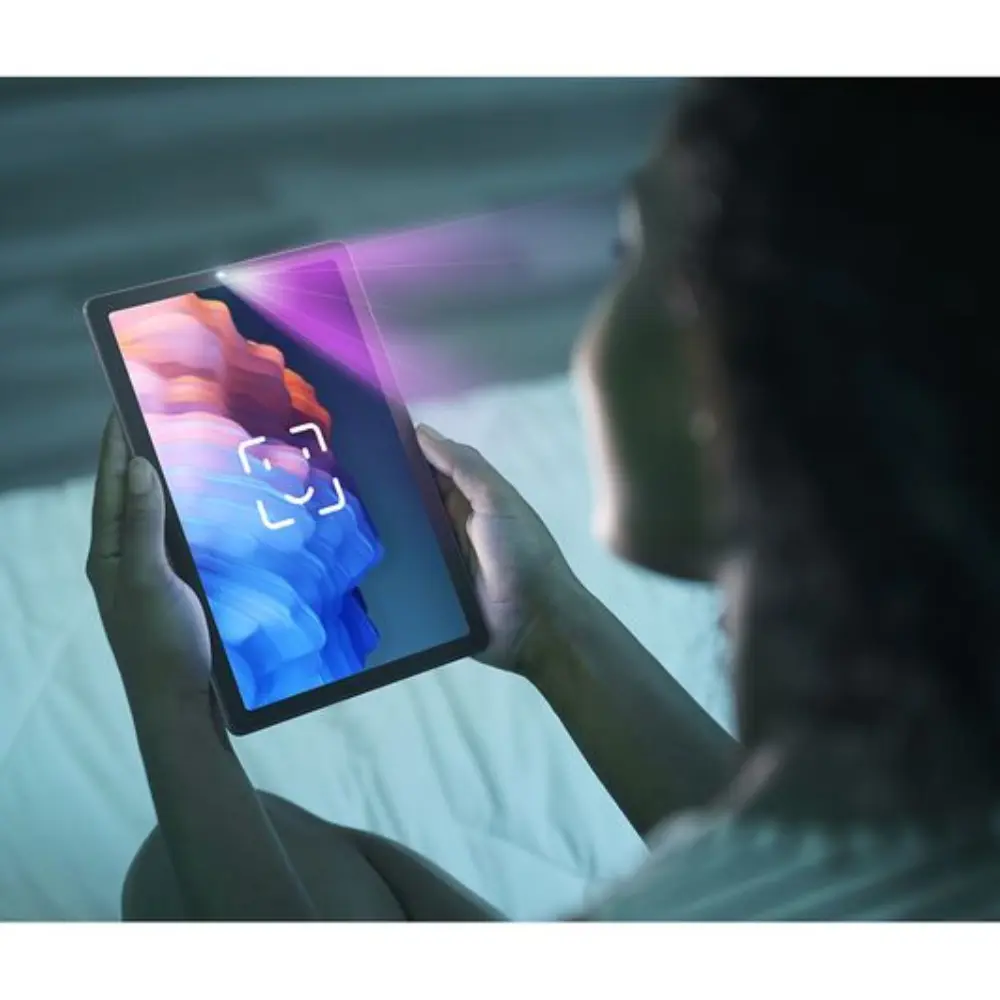 9-inch Lenovo tablet in arctic grey silicone case being used in a person’s hands.