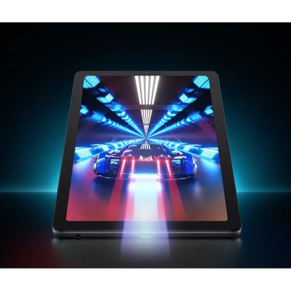 9-inch Lenovo tablet with arctic grey silicone case, front screen showing blue tunnel lights.