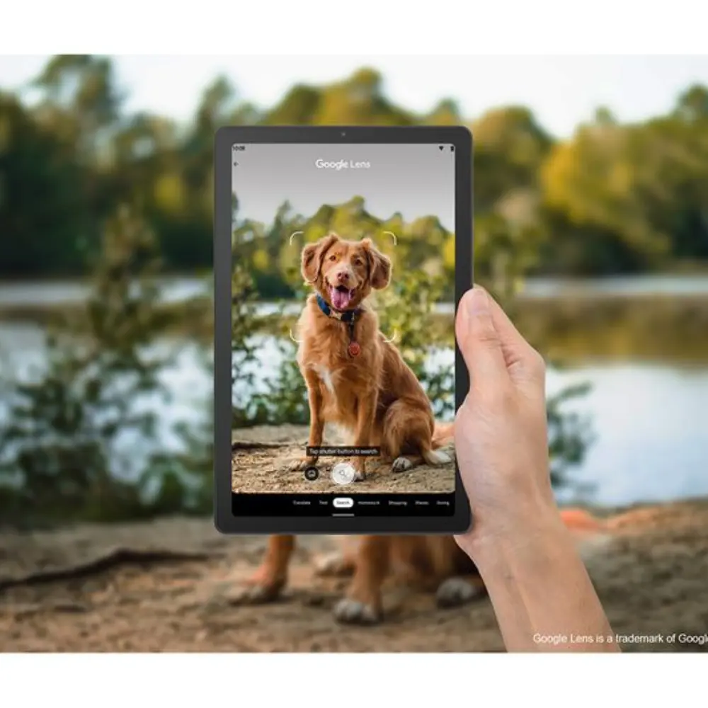 9-inch Lenovo tablet with arctic grey silicone case, outdoors hand holding tablet with dog image.