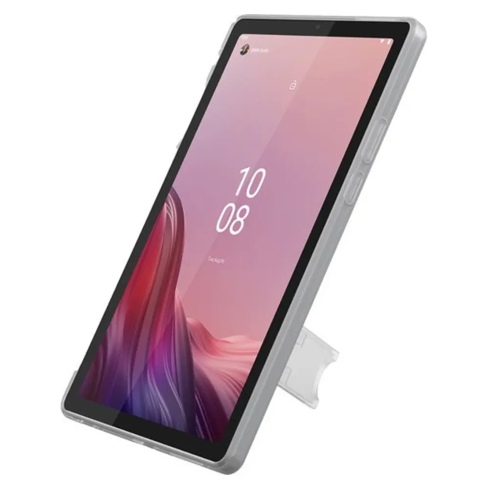 9-inch Lenovo tablet in arctic grey silicone case, tilted front view with pink screen.