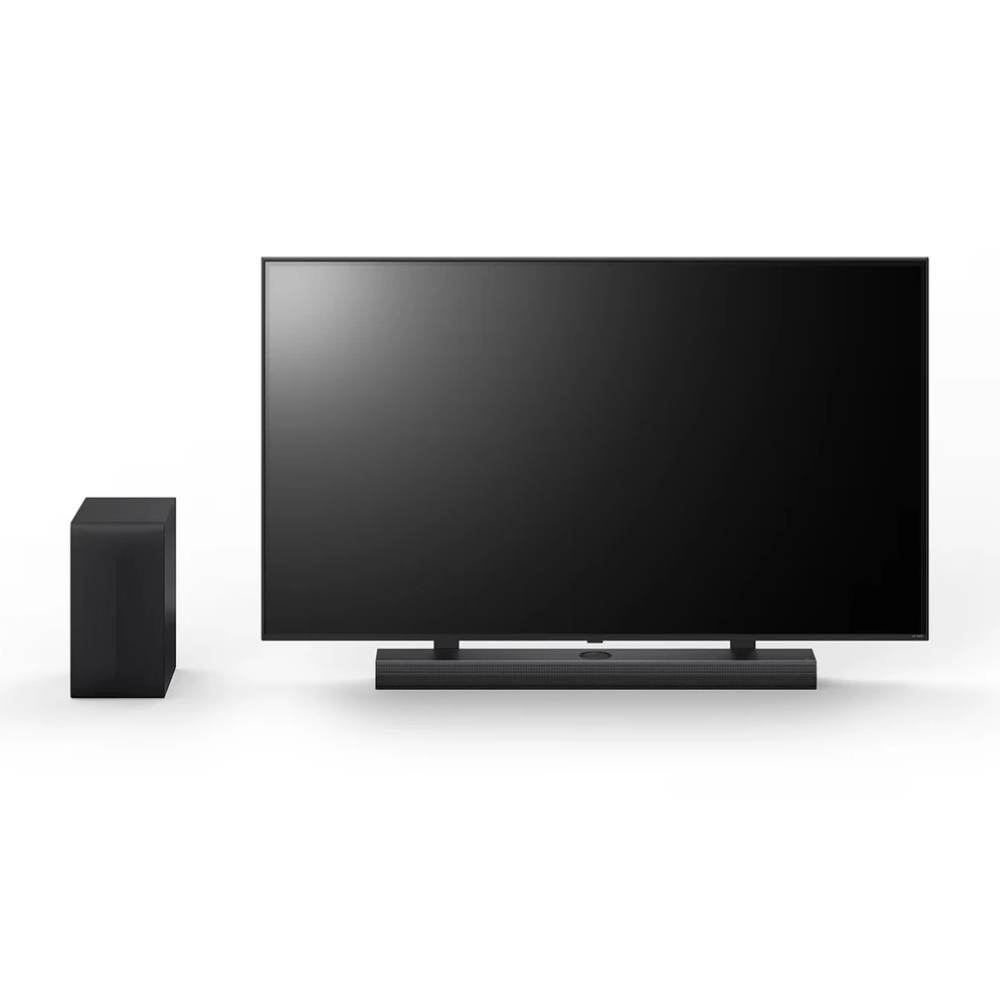 Soundbar with subwoofer speaker, dark black bar below a flat-screen TV