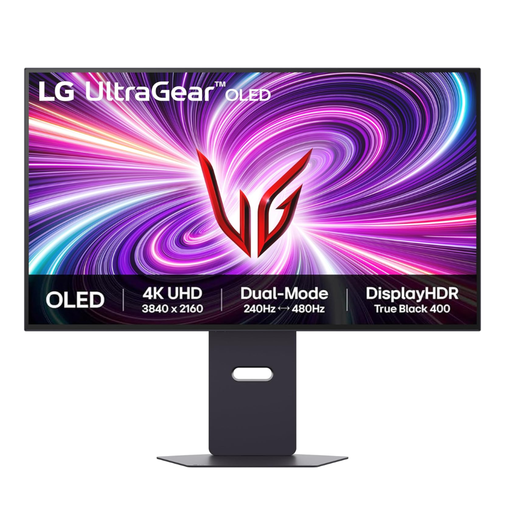 Gaming OLED 4K monitor with central stand, UltraGear logo on screen