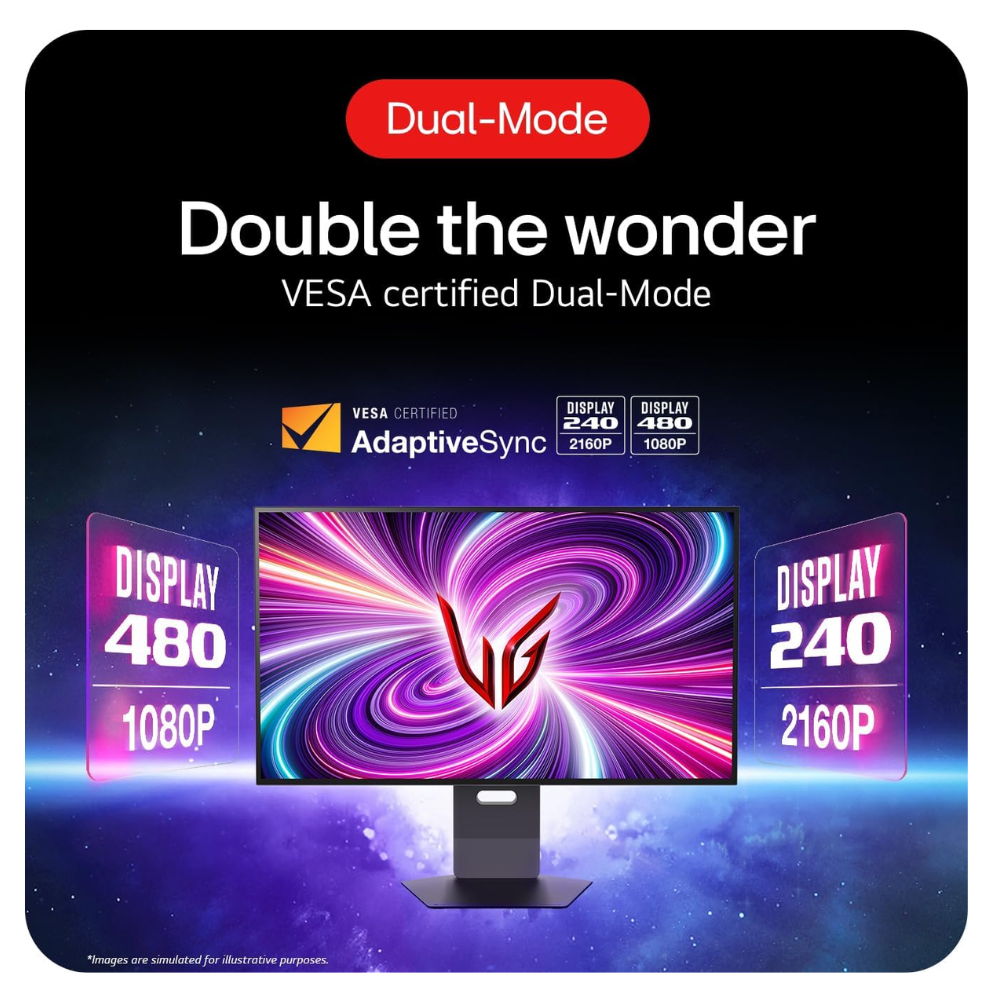Gaming monitor showing Dual-Mode display feature on screen with stand